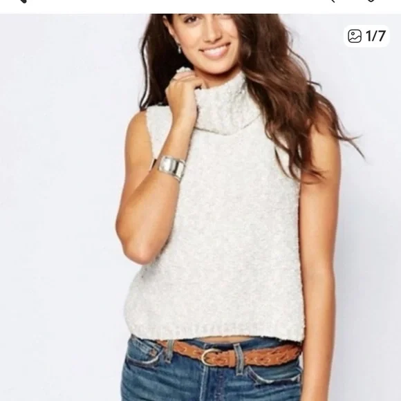 Free People Exaggerated Turtle Neck Sleeveless Sweater in Oatmeal - Picture 1 of 8